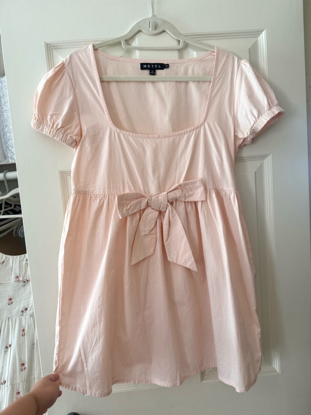 Motel Light Pink Poplin Bow Babydoll Mini Dress